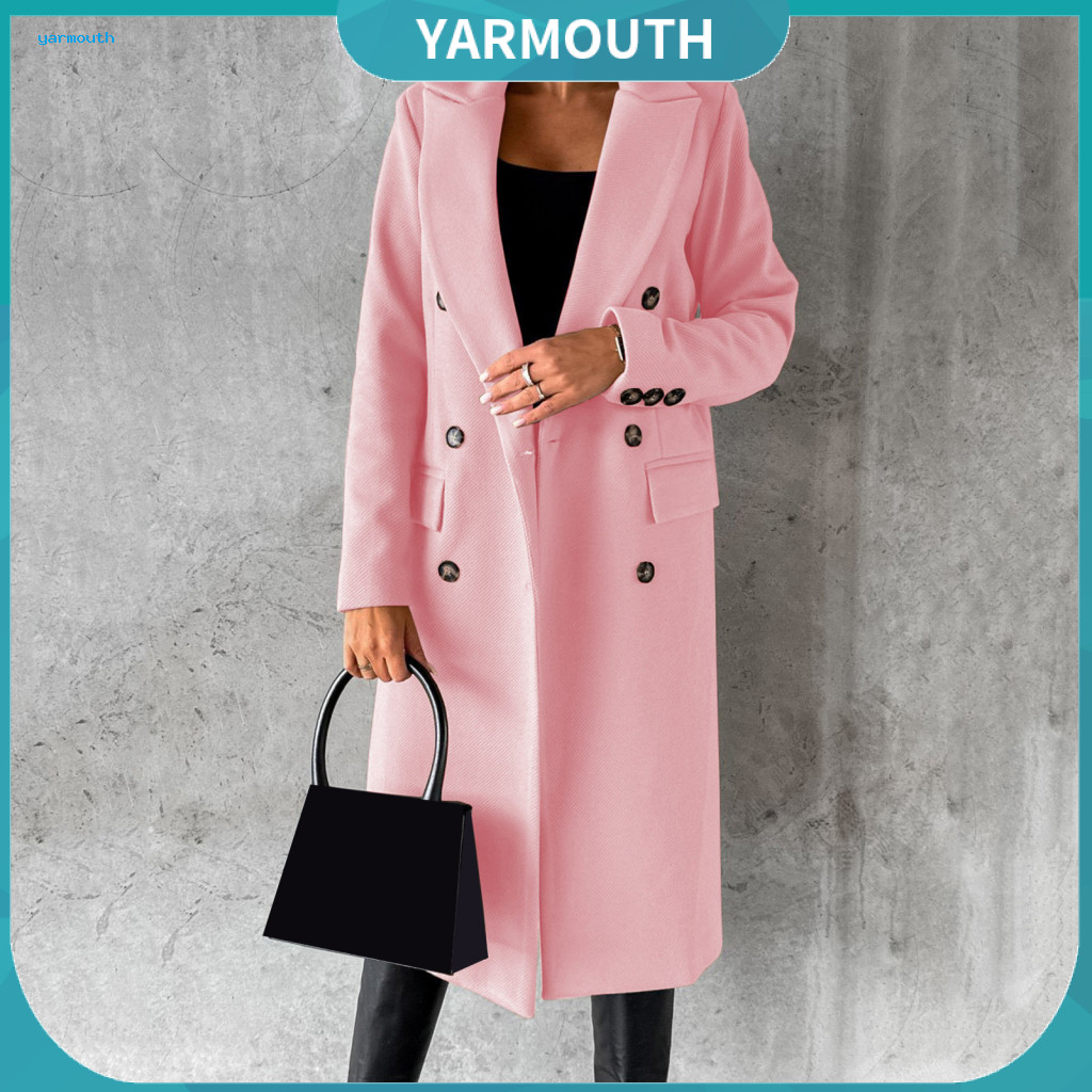 Women Coat Double-breasted Winter Women’s Woolen Jacket Mid-length with Turn-down Collar Solid Color Thermal Overcoat