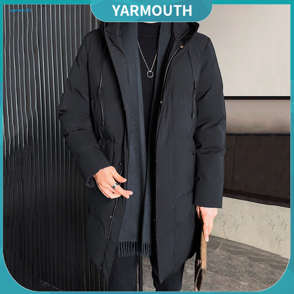 Women Zipper Closure Cotton Coat Men's Hooded Jacket with Drawstring Full Long Sleeve Side Pockets – Mid-length Solid