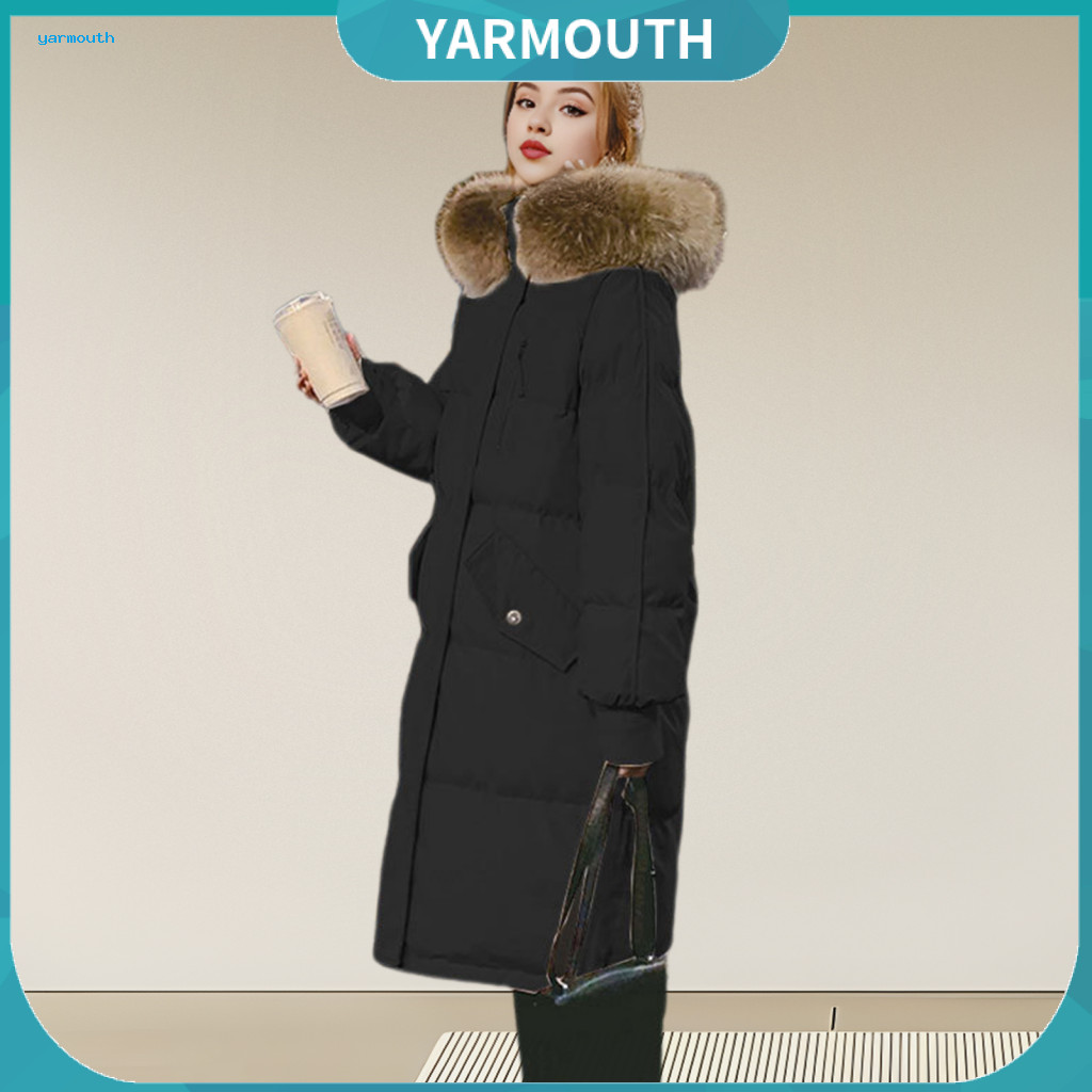 Mid-length Cotton Jacket Coat with Hood Winter Women’s Padded Furry Long Sleeves Zip-up Knee-length Windproof Parka fo