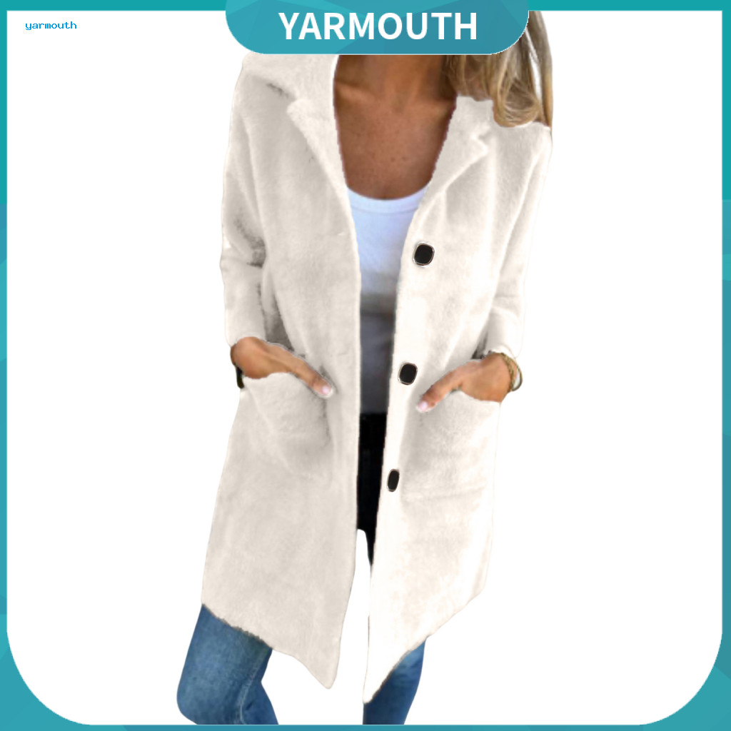 Women Jacket Solid Color Women’s Winter Coat Double-sided Plush Mid-length Hooded with Pockets Thick Warm Single-breas