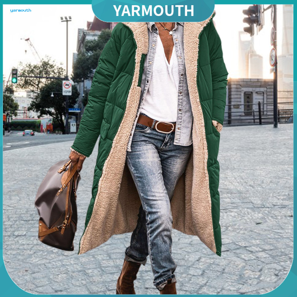 Women Coat Pure Color Women’s Winter with Hood Double-sided Wearable Padded Plush Lined Mid-length Overcoat Warm Zippe