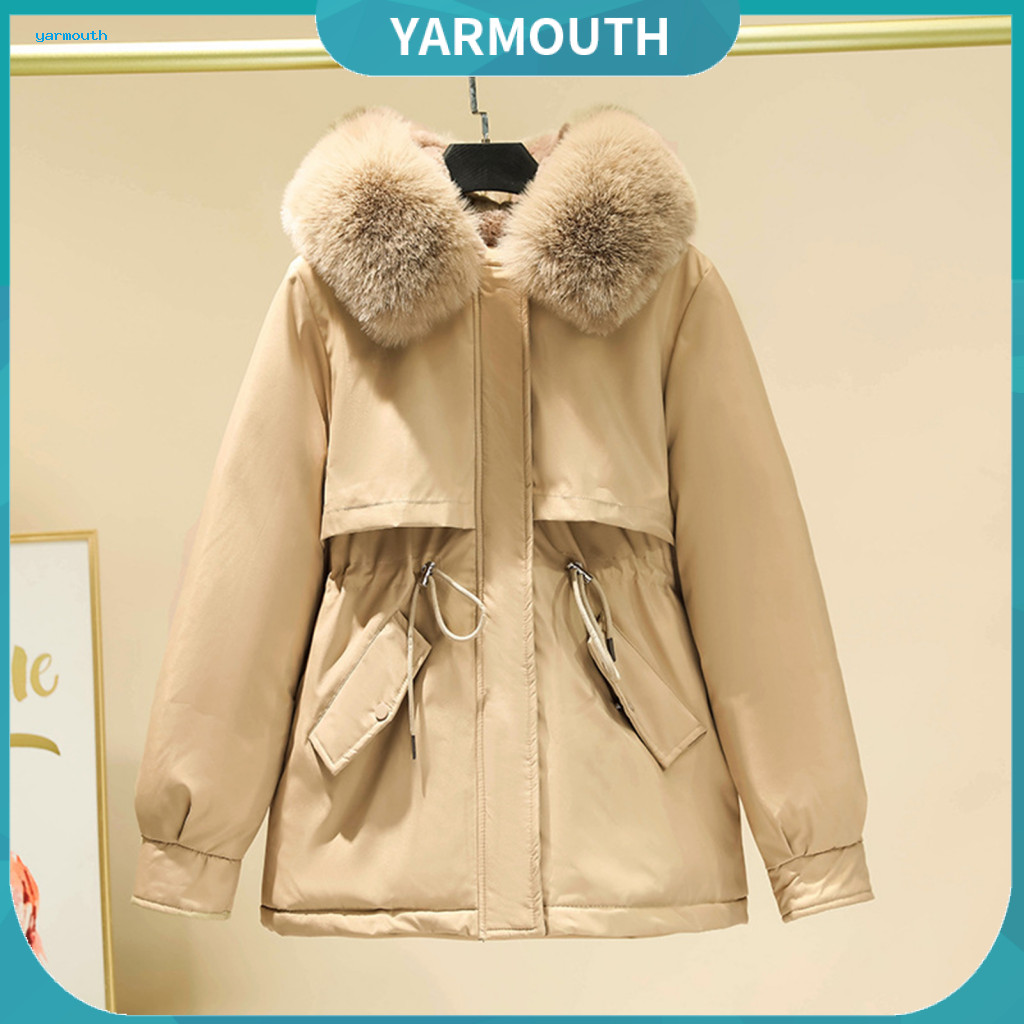 Lightweight Women Outerwear Polyester Coat Winter Women’s Warm Cotton with Furry Hood Long Sleeves Padded Mid-length J