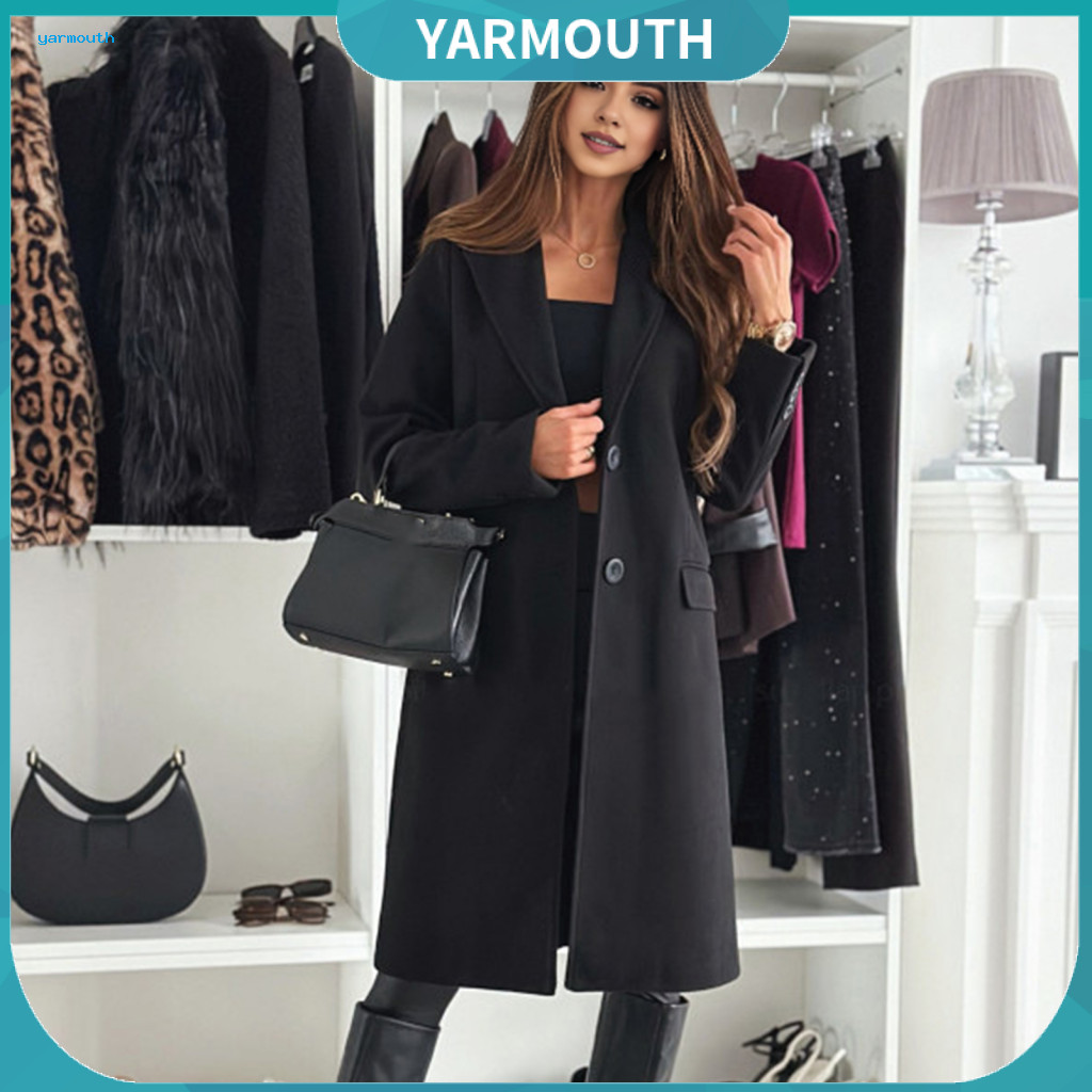 Women Solid Color Coat Mid-length Women’s Woolen Jacket Single-breasted with Turn-down Collar Thermal Overcoat for Spr