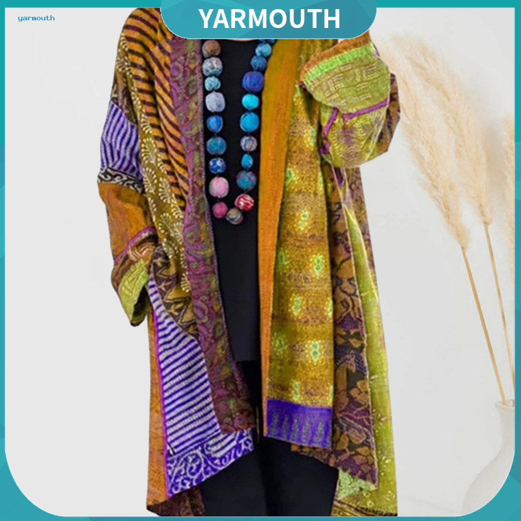 Women Jacket Spring and Autumn Women’s Colorful Printed Coat with Pockets Retro Ethnic Style Mid-length Cardigan Long