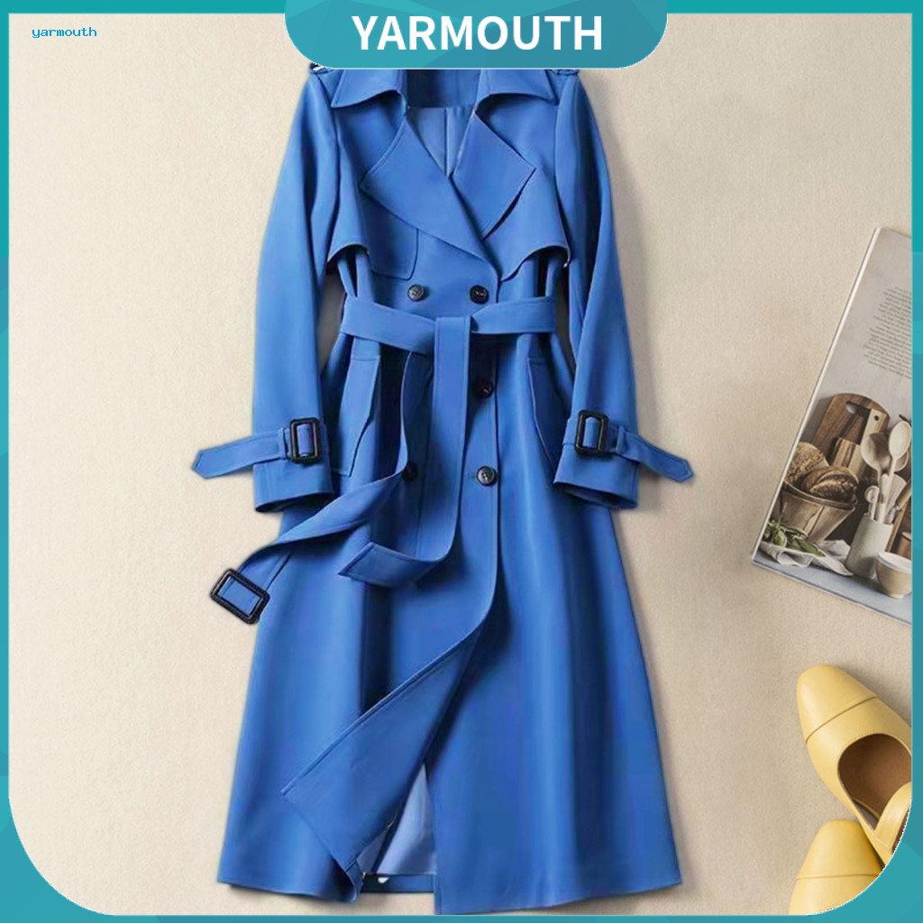 Double-breasted Coat Windbreaker Women’s Jacket with Turn-down Collar Mid-length Loose Fit Belted Waist for Southeast