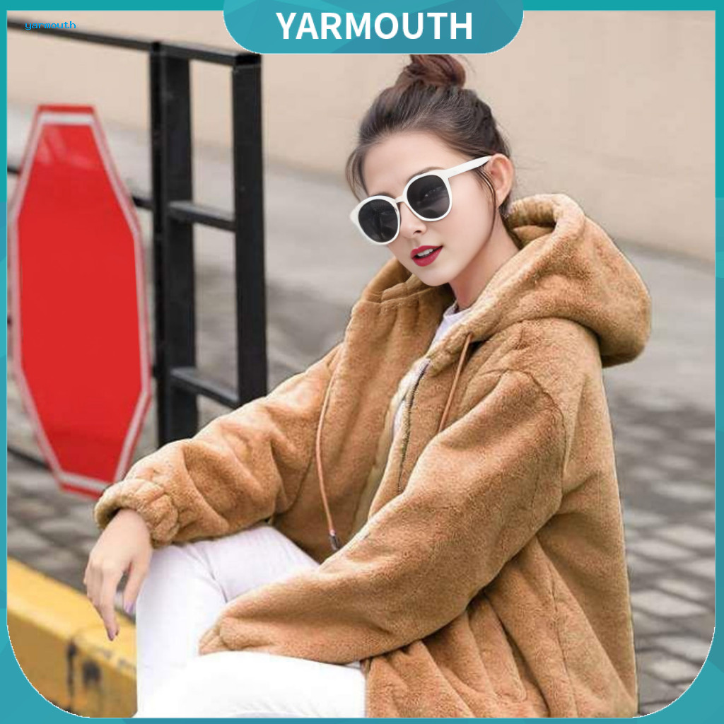 Women Outerwear Winter Jacket Thick Plush Faux Rabbit Fur Mid-length Hooded Coat with Pockets Long Sleeves Windproof Zip