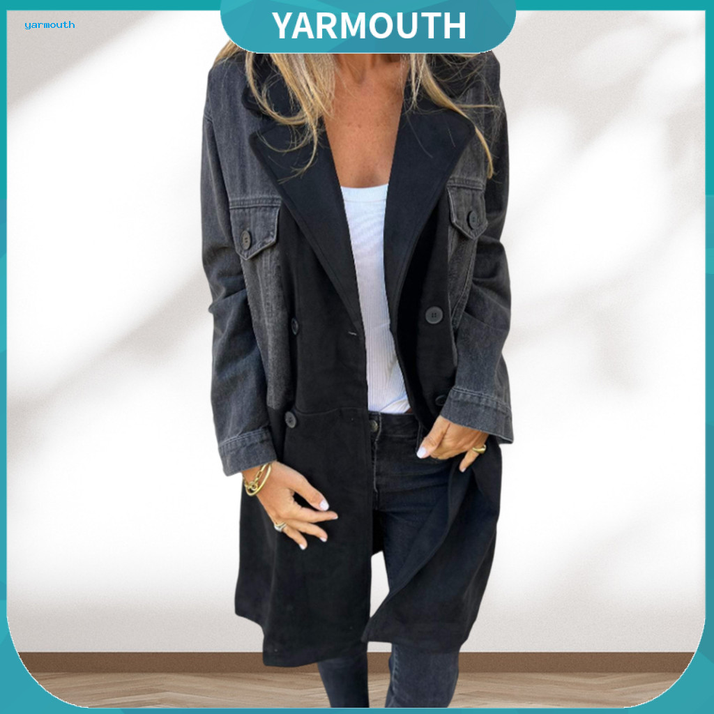 Lady Loose Coat Double-breasted Women’s Spring Fall Denim Jacket Overcoat Patchwork Colorblock Mid-length with Flap Po