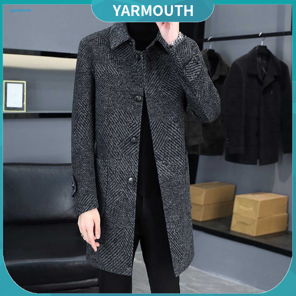 Mid-length Coat Men Woolen Men's Overcoat with Lapel Single-breasted Long Sleeve Pockets – Casual and Daily Wear Warm