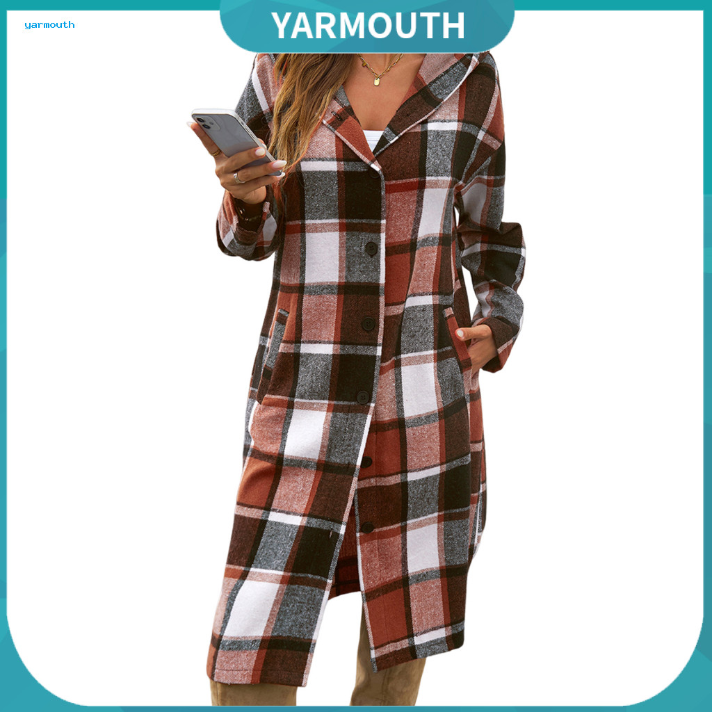 Plaid Coat Flannel Jacket Women Women’s Spring Fall Hooded Loose Mid-length Long Sleeve with Pockets Single-breasted C