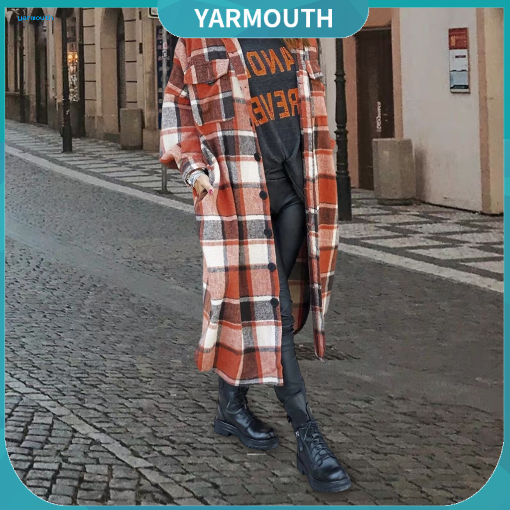 Lapel Collar Jacket Women Plaid Long Coat Autumn Winter Women’s Shirt Single-breasted Mid-length with Turn-down Chest