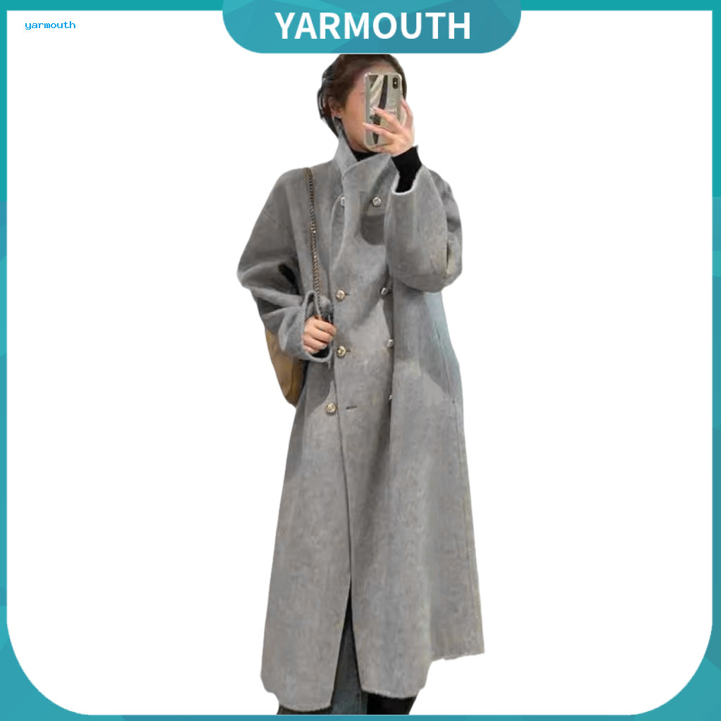 Loose Coat Women Woolen Women’s Jacket Double-breasted Mid-length Stand Collar Thermal Overcoat Long Sleeve Solid Colo