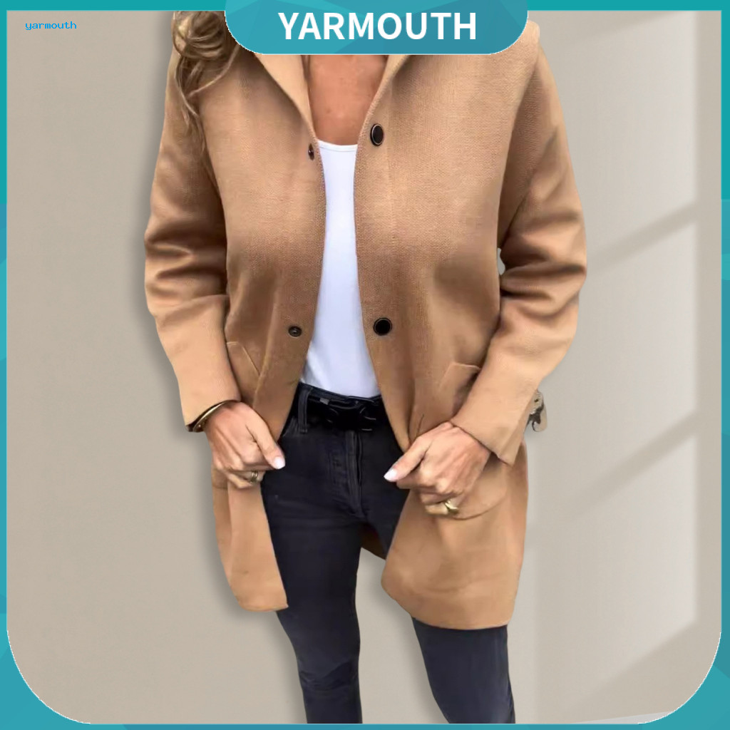 Women Jacket with Pockets Single-breasted Women’s Woolen Hooded Solid Color Mid-length Coat Thermal Long Sleeve Overco