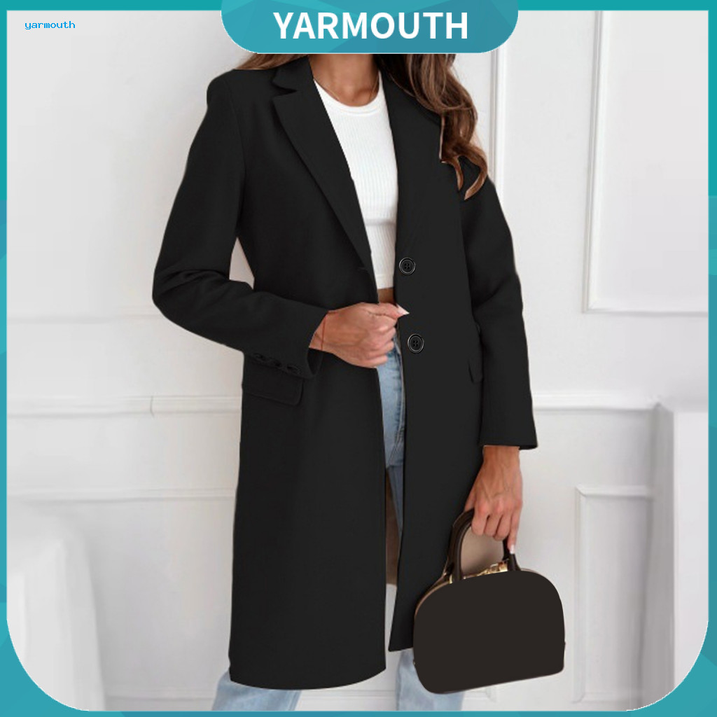 Mid-length Solid Color Coat Winter Women Woolen Thick Button Closure Warm Overcoat with Turn-down Collar Pure Jacket for