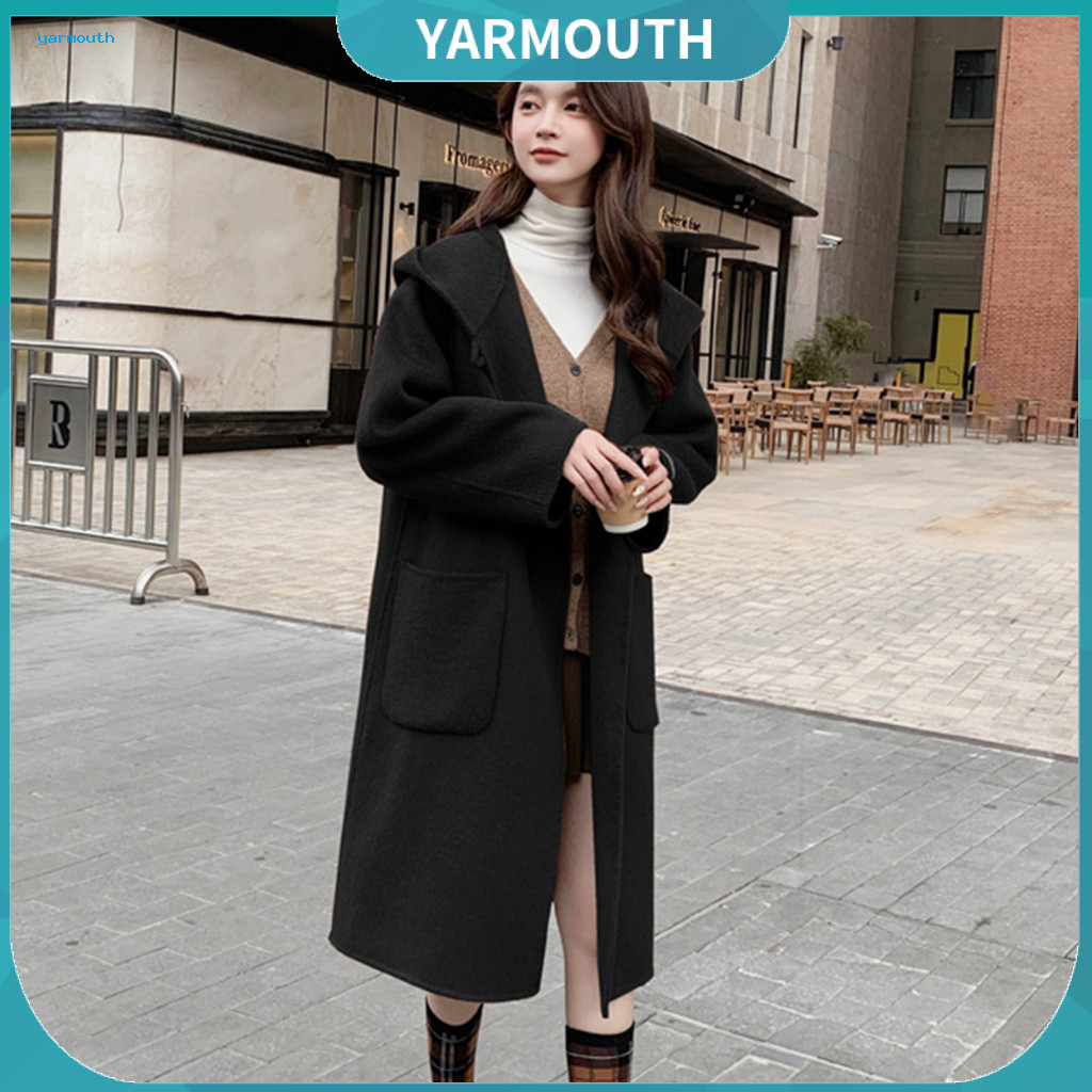 Long Sleeve Draped Placket Cardigan Women Coat Women’s Winter Overcoat Hooded with Pockets Mid-length Thermal Open Sti