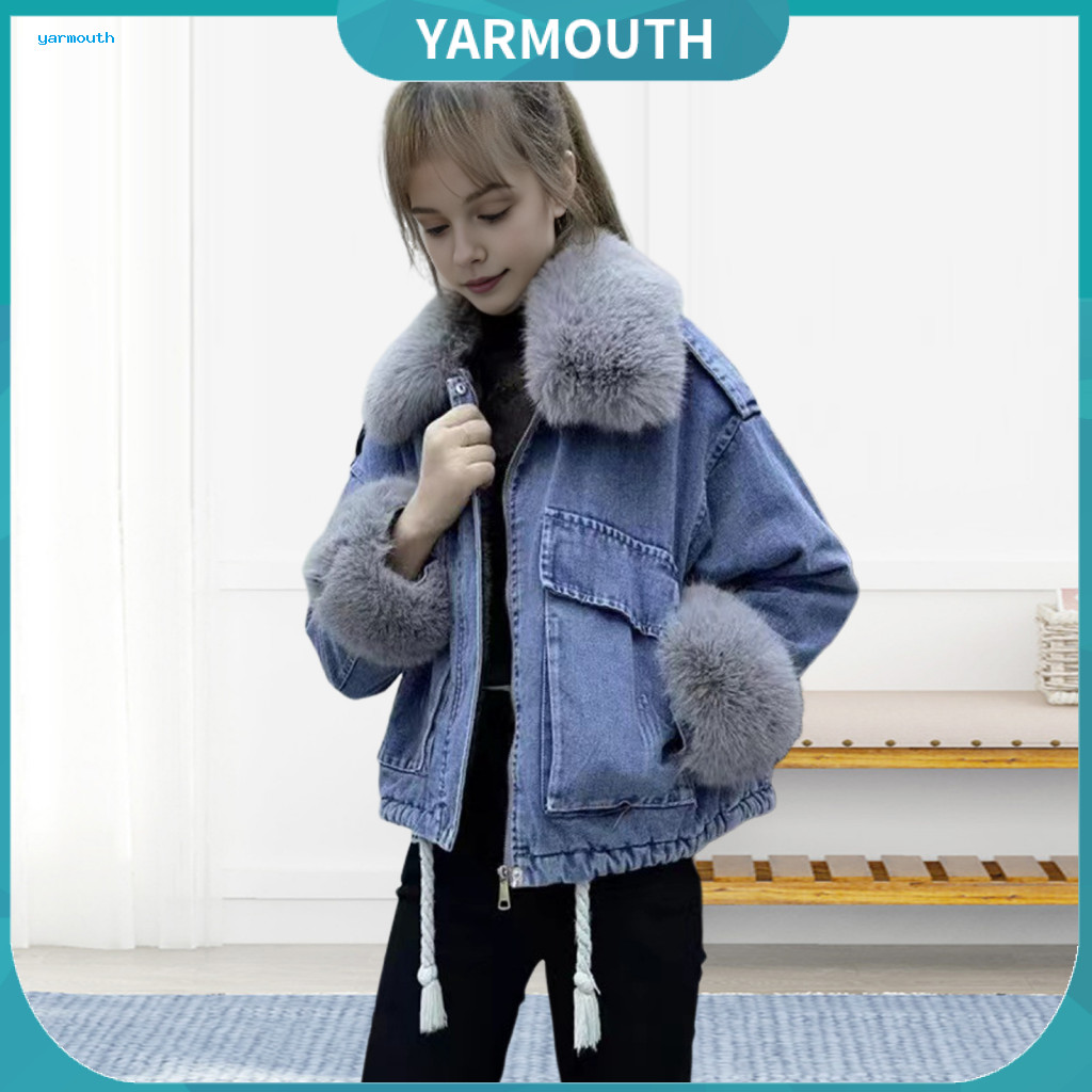 Women Plush Jacket Warm Winter Denim with Faux Fur Trim Thick Lined Long Sleeves Cold-proof Windproof Mid-length Outdoor