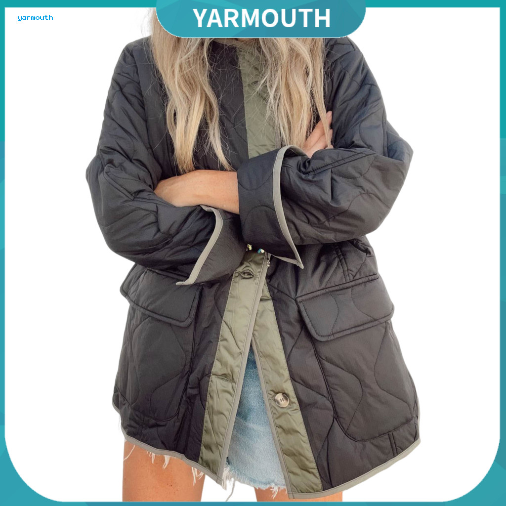 Single-breasted Women Jacket Women’s Winter Coat with Double Pockets Loose Fit Color Block Mid-length for Wear – for