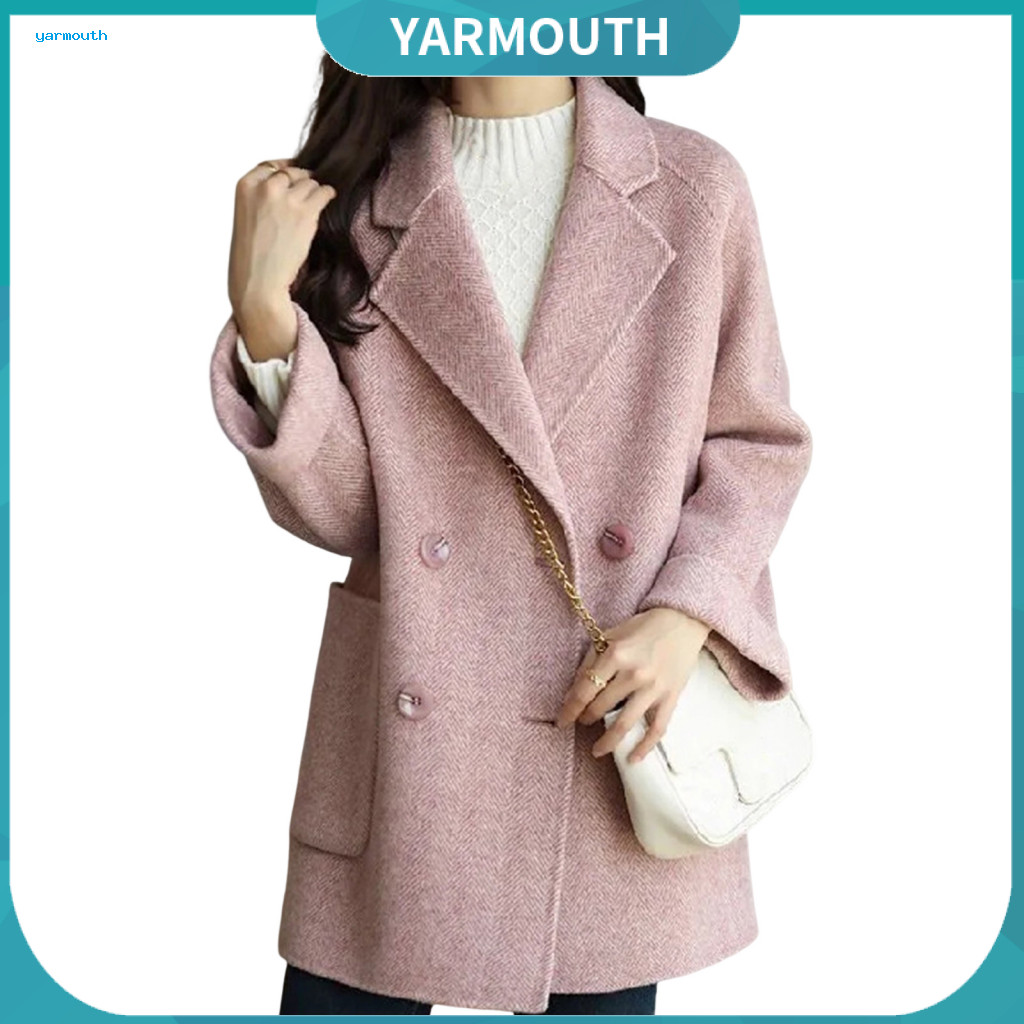 Women Solid Color Jacket Lapel Collar Coat Women’s Winter Woolen Double-breasted Mid-length Overcoat Formal Business S