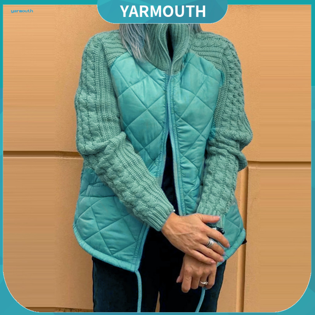 Women Coat Warm Jacket Women’s Winter Mid-length Windproof Cotton with Stand Collar Neck Protection Knitted Patchwork