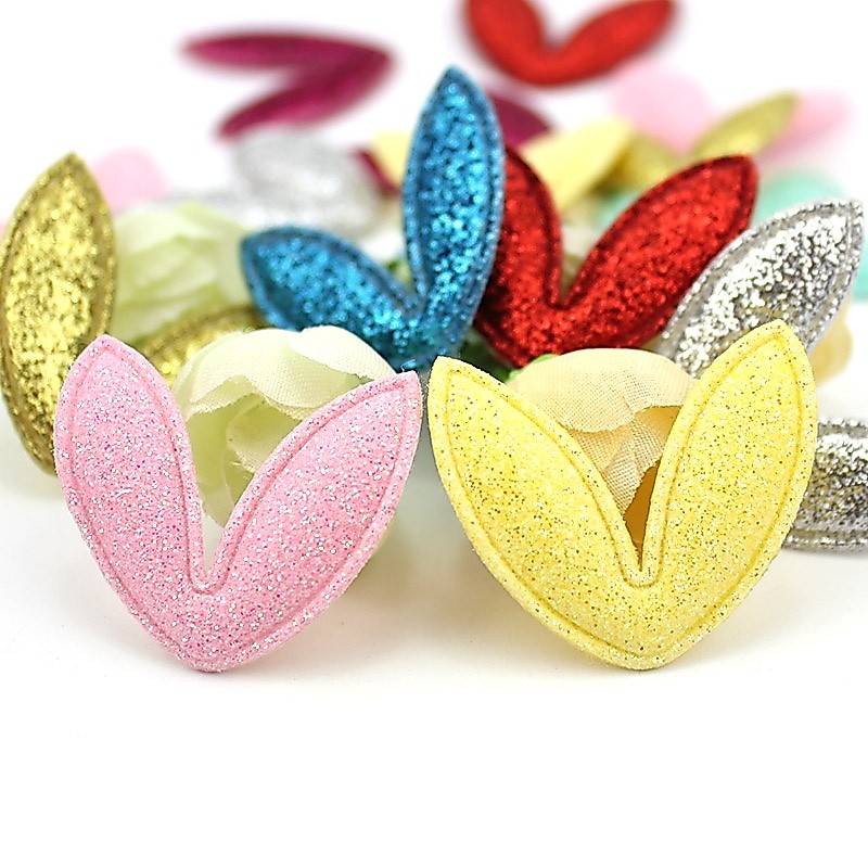 40 Pçs 3.2cm Brilhos Orelha De Coelho Apliques Acolchoados Feitos À Mão Bebê Headwear Decoração Brilhante Artesanato DIY