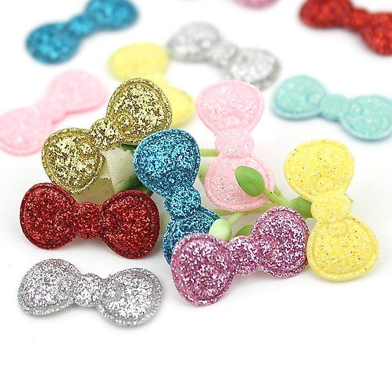 80 Pçs 1 * 2.2cm Glitter Bowknot shap Apliques Acolchoados Para Crianças Cabelo BB Clipe headwear Suprimentos DIY Brilha