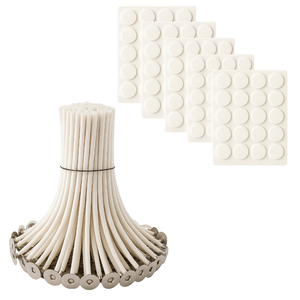 Kit 100 Pavio Velas Artesanais Decorativas 100% Algodão 3CM 10CM + 100 Adesivos Dupla Fase 2CM DIY