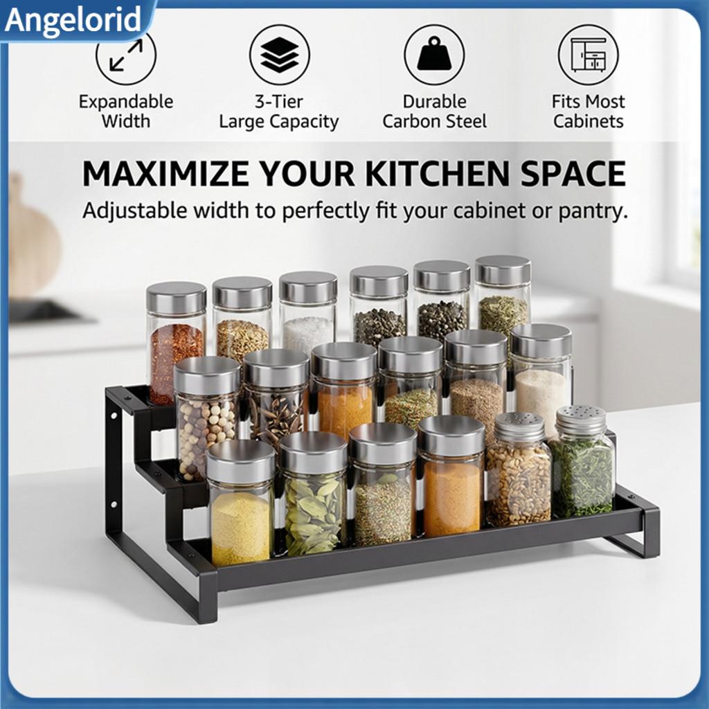 Retractable Spice Rack Adjustable Kitchen 3-tier Heavy Duty Carbon Steel Condiment Organizer Space-saving Seasoning Bott