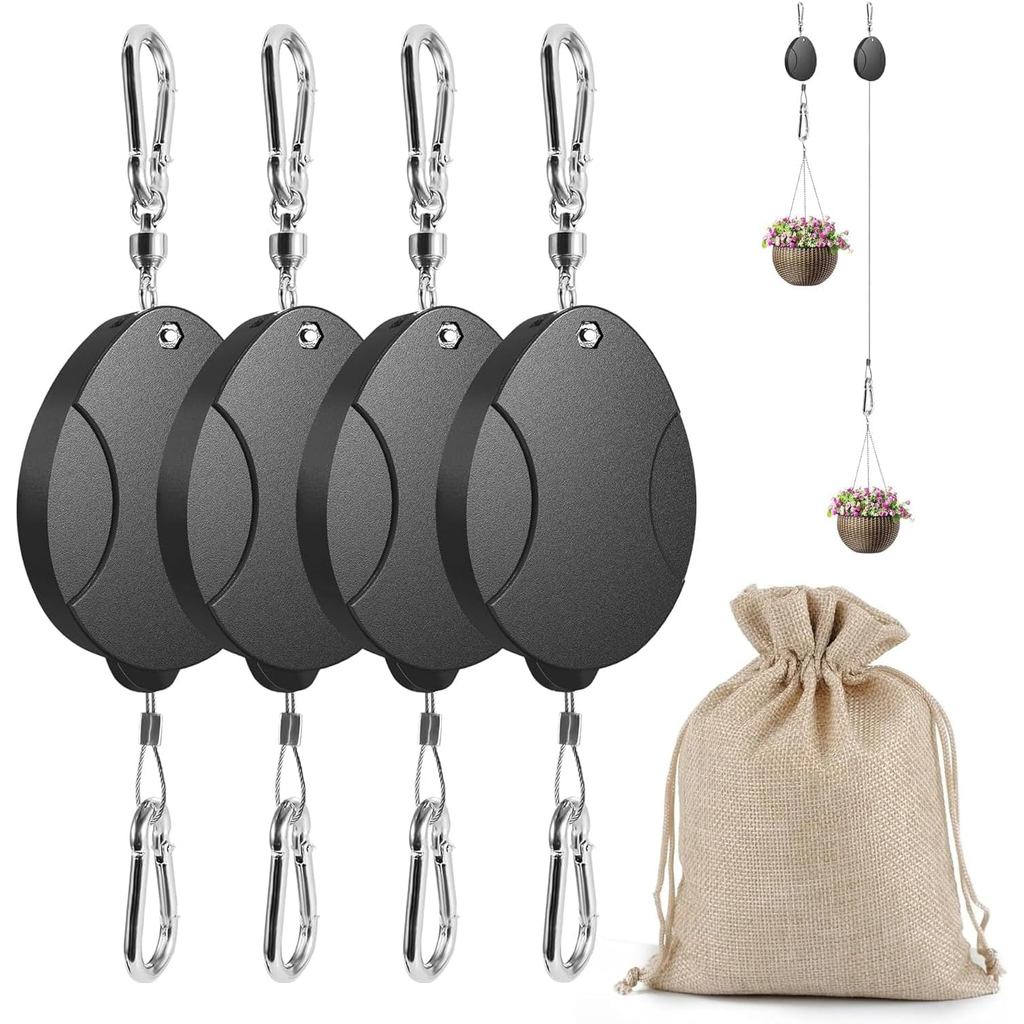 2025 Upgraded Retractable Plant Hanger 4PCS - Heavy Duty Plant Pulleys for Hanging Plants, Outdoor Adjustable Hooks, Dur