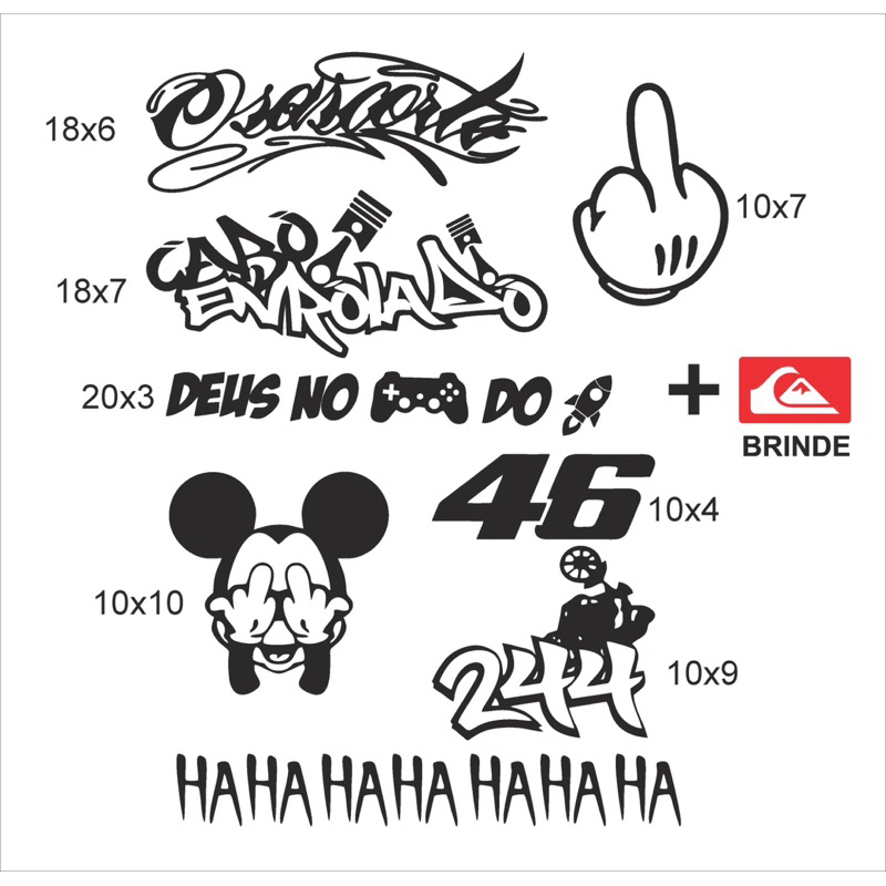 Adesivos para motos carros e bicicletas - haha, rato , 46, 244, Deus no controle, dedo, osascorte, cabo enrolado
