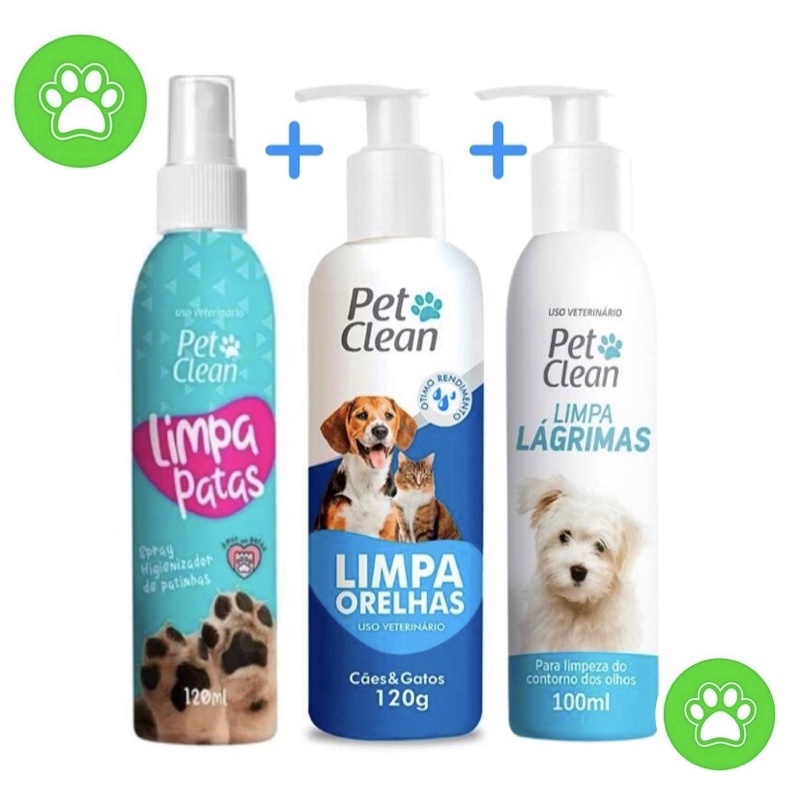 Kit de Higiene Pet Clean - Limpa Patas, Limpa Orelhas e Limpa Lágrimas para Cães e Gatos (100ml/100g/100g)