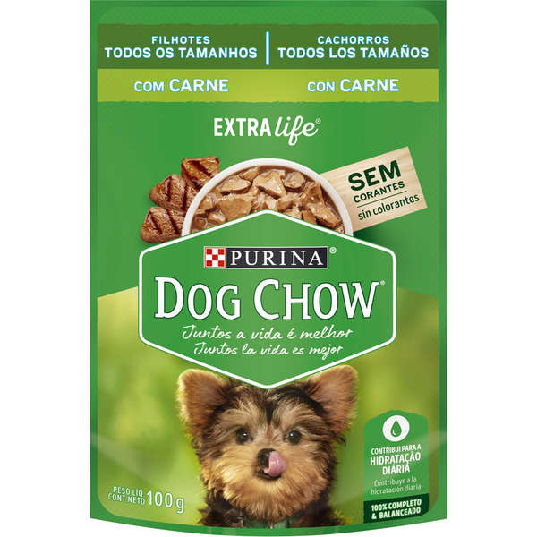 Ração Úmida Dog Chow Filhotes - Todos os Tamanhos - Sabor Carne - Sachê 100g - Caixa Fechada com 15 unidades.