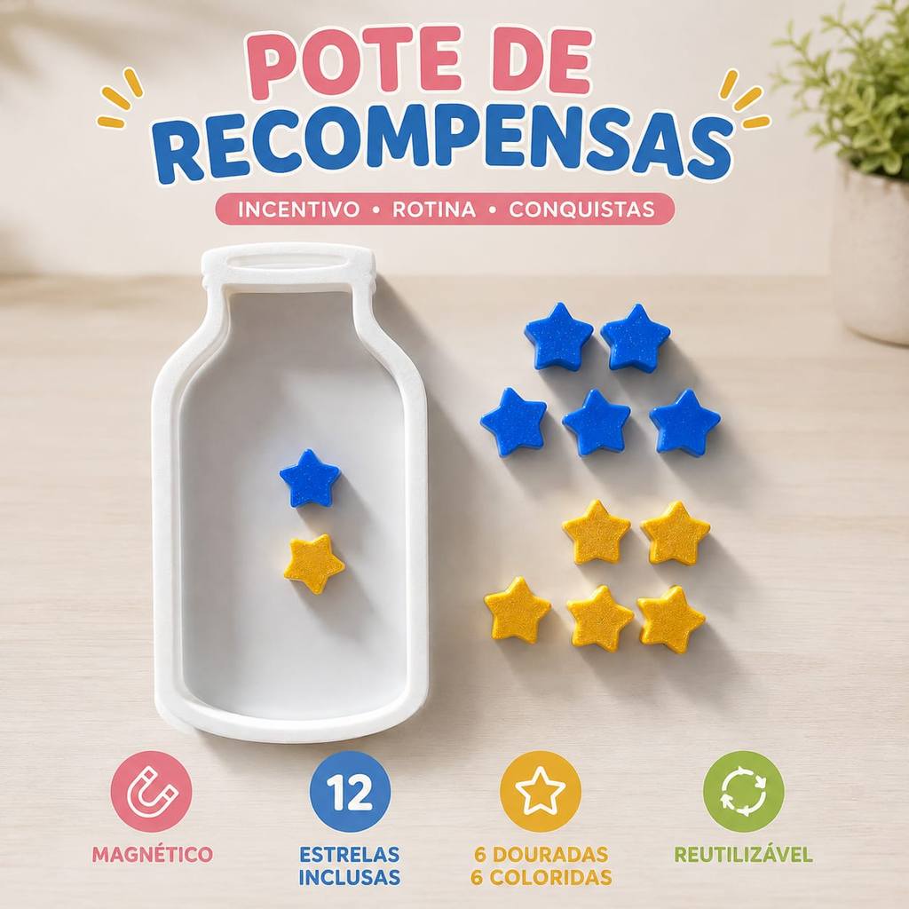 Pote de Recompensa Infantil Magnético com 12 Estrelas Montessori Rotina e Incentivo