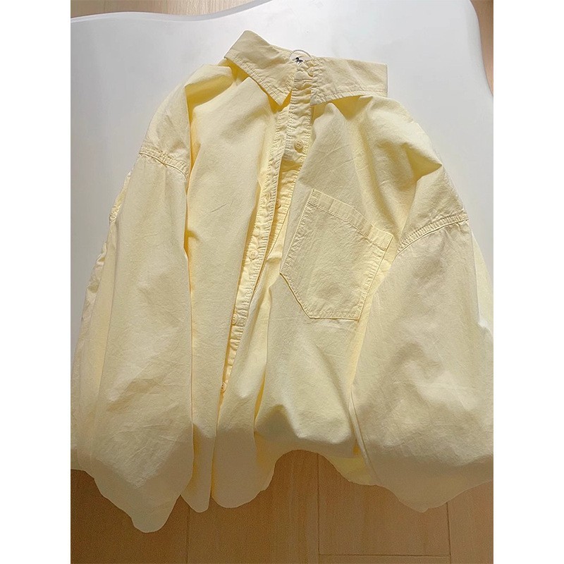 Creamy yellow pure cotton shirt for women, new autumn style, casual and loose long-sleeved shirt jacket
