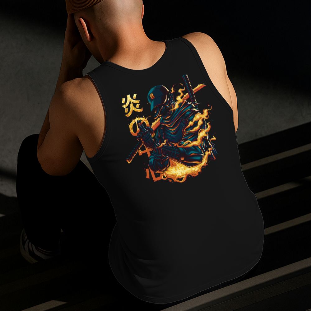 Camiseta Regata Masculina Estampada Samurai em Chamas Algodão Estilo Conforto Diário Do Tamanho P GG