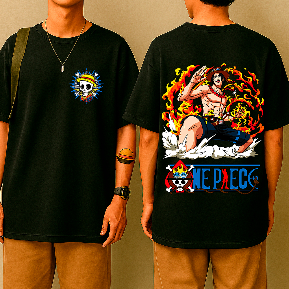 Camiseta Oversized Ace das Chamas – Estilo Mangá, Anime Street, Algodão Premium, Fogo One Pirata