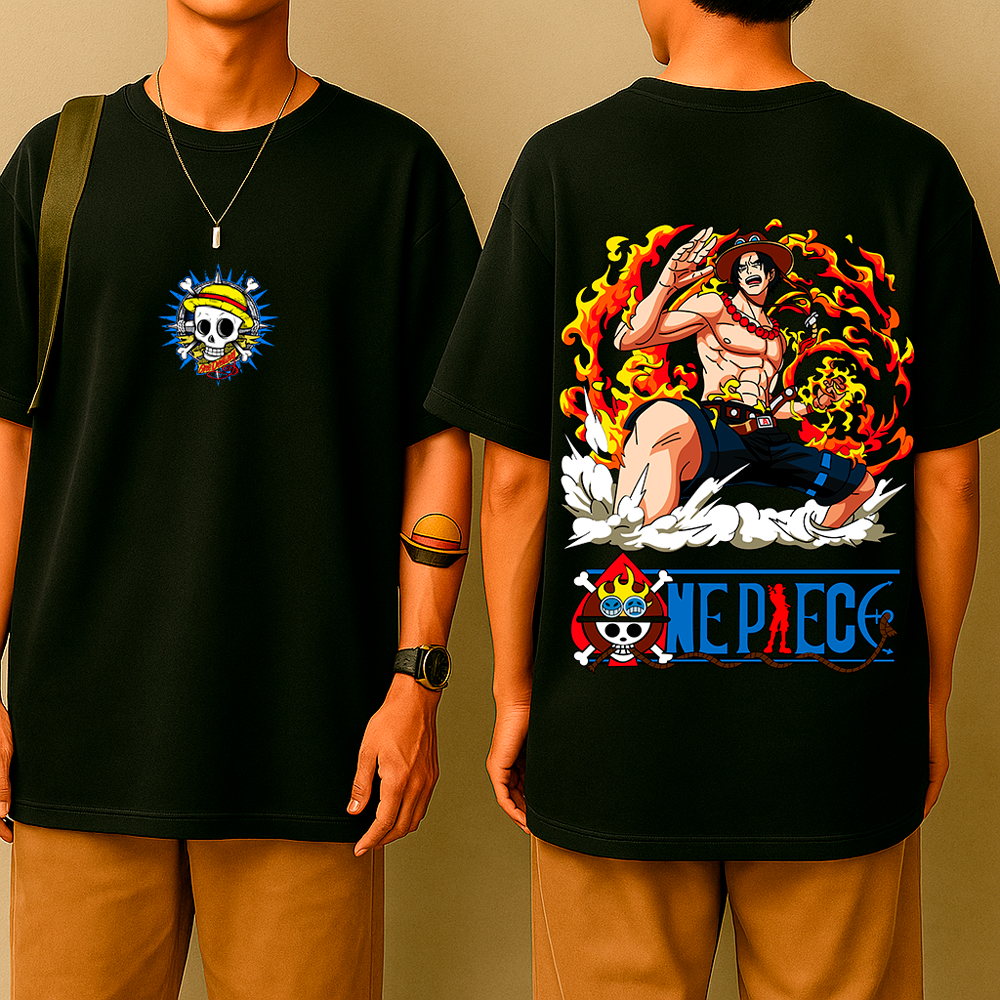 Camiseta Oversized Ace das Chamas – Estilo Mangá, Anime Street, Algodão Premium, Fogo One Pirata