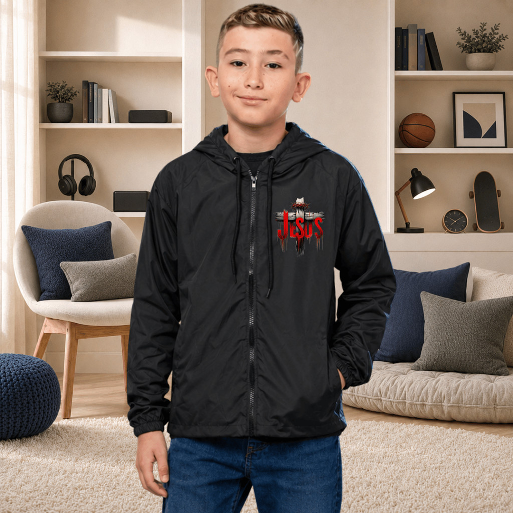 Jaqueta Corta Vento Infantil Jesus CRUZ Chamas Minino Bruto Blusa Leve e Confortável Para Menino e Menina