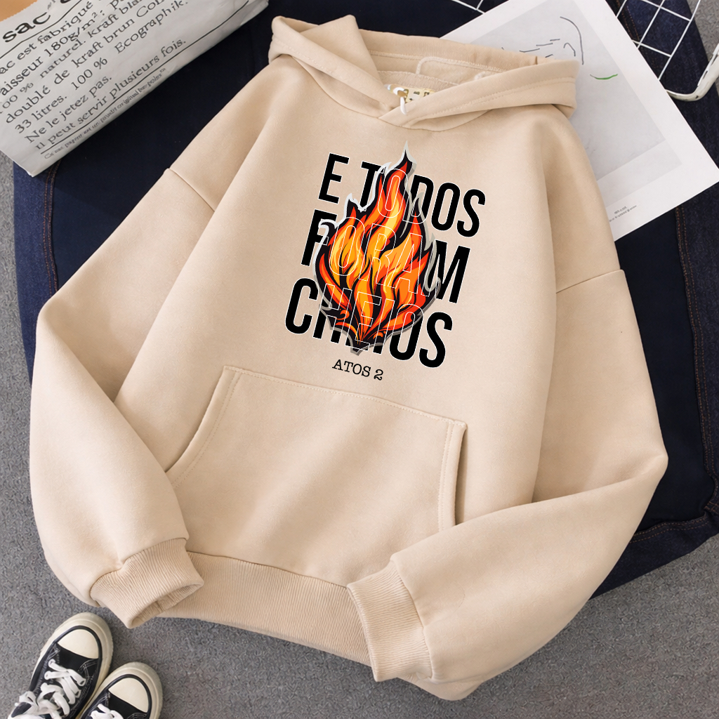 Blusa de Frio Cristã E Todos Foram Cheios Moletom Canguru Flanelado Chama Moda Religiosa Envio Imediato