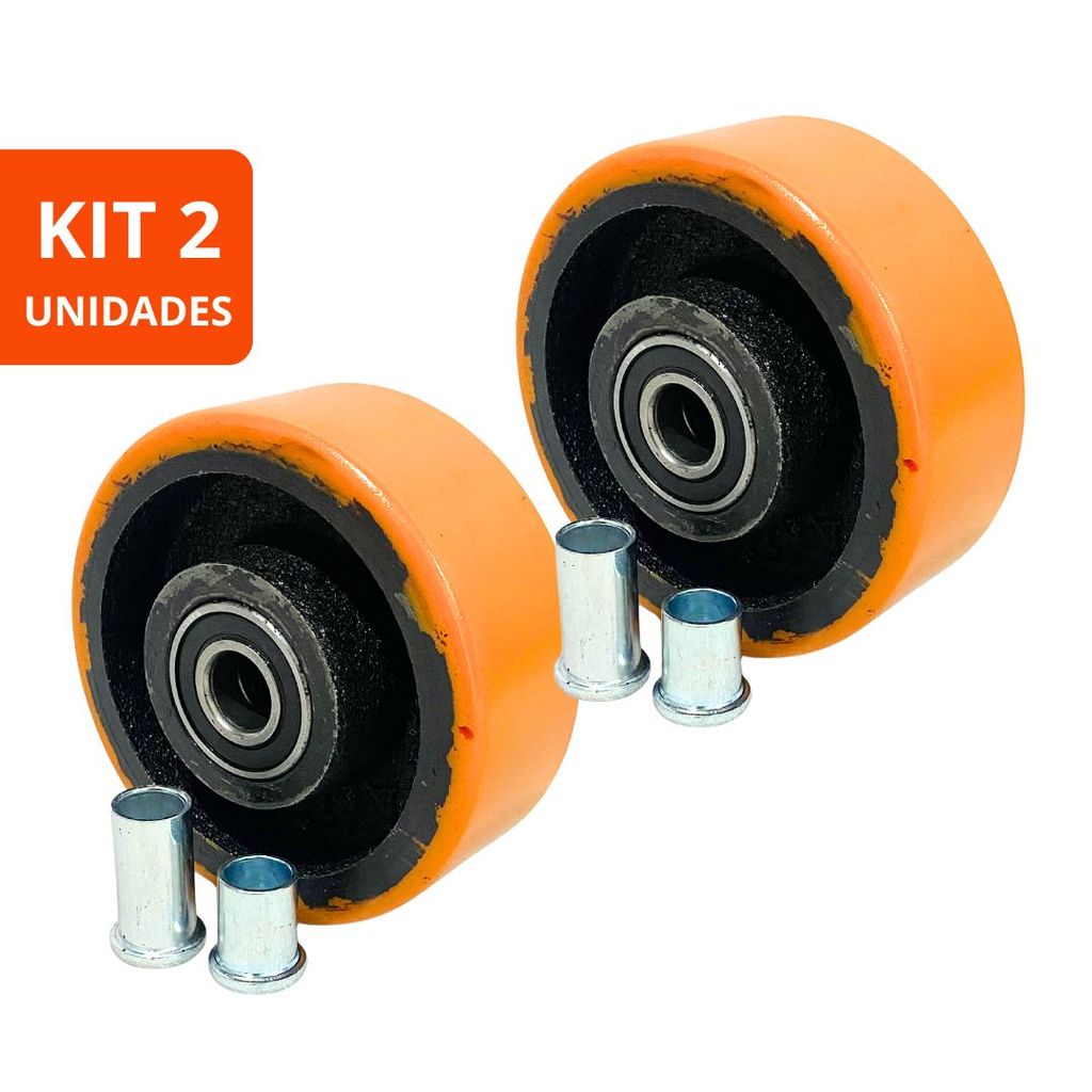 Kit 2 Rodas Poliuretano PU 4 Pol 414 Ferro Fundido Rolamento 6202RS 300kg Cada Carga Pesada Industrial Ajax