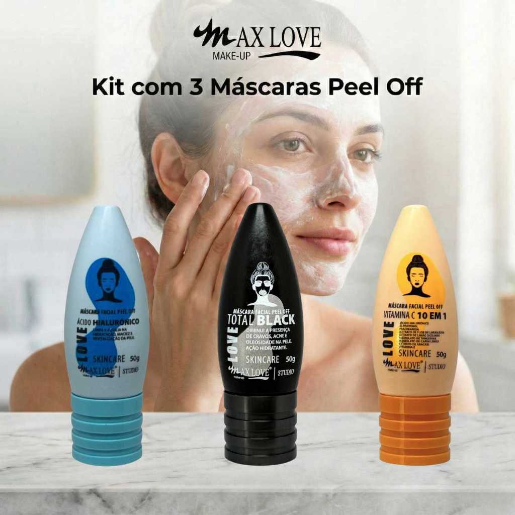 Kit com 3 Máscaras Peel Off - Ácido Hialurônico, Total Black, Vitamina C 10em1 Max Love