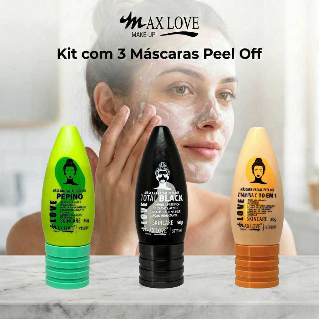 Kit com 3 Máscaras Peel Off - Pepino, Total Black, Vitamina C 10em1 Max Love