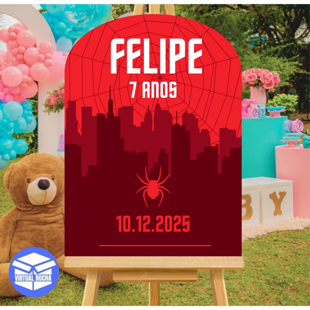 Quadro Decorativo Ponta Redonda Aniversário Aranha Vermelha Spider MDF