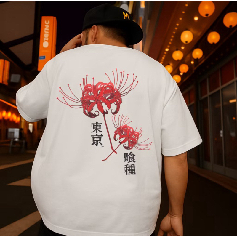 Camiseta Oversized Streetwear Camisa Masculina 100% Algodão Tokyo Ghoul Spider GS com Estampa de Flor Vermelha