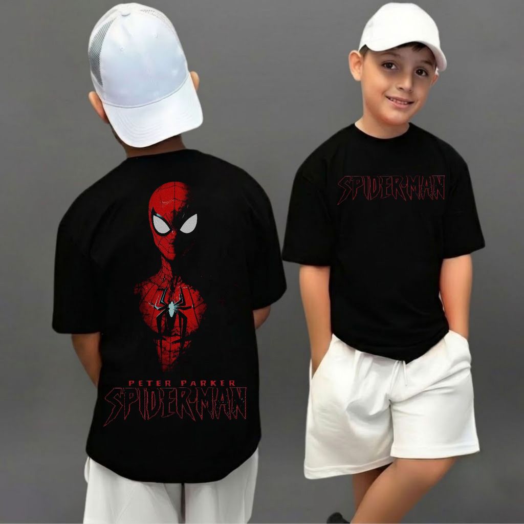 Camiseta Infantil E Adulto Spider-Man Peter Parker Preta Estampa Dupla Vermelha