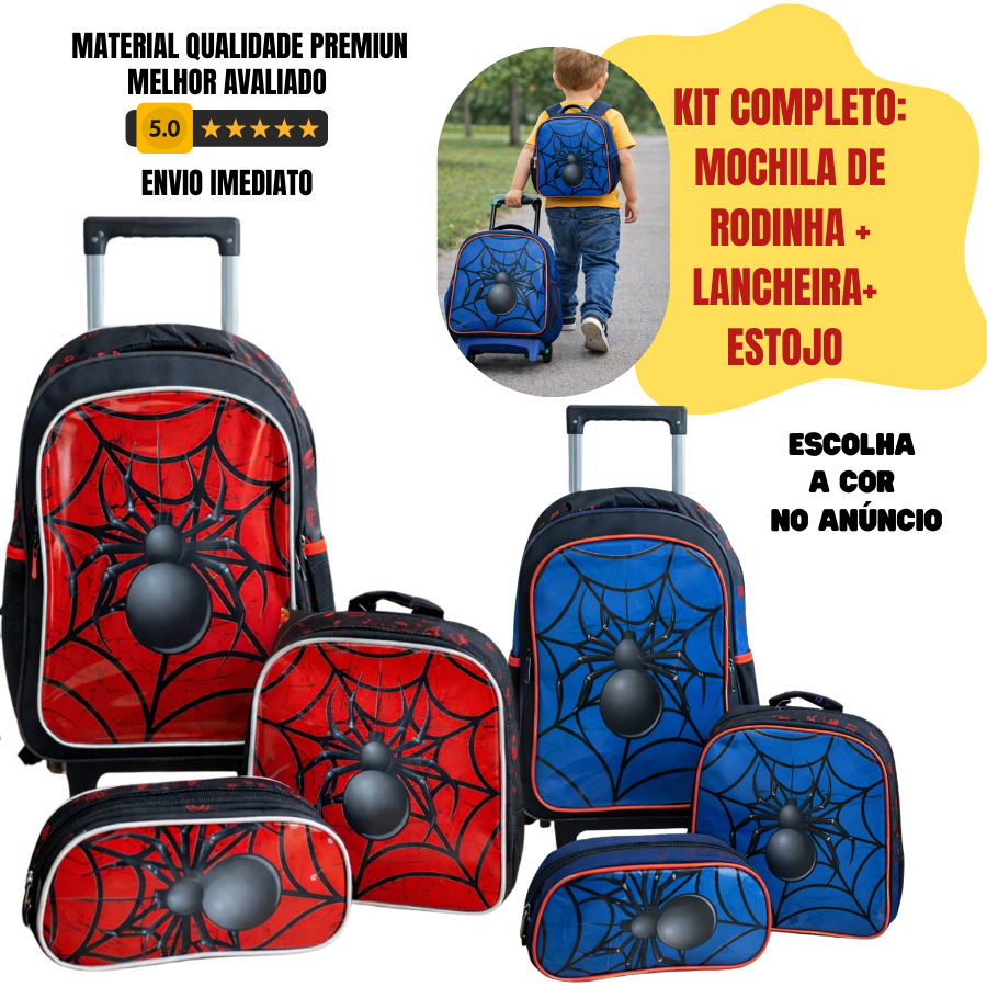 KIT MOCHILA HOMEM ARANHA ESTOJO E LANCHEIRA BOLSA DE RODINHA SPIDER MAN COR AZUL VERMELHA GRANDE ESCOLAR BOLSA DE MENINO