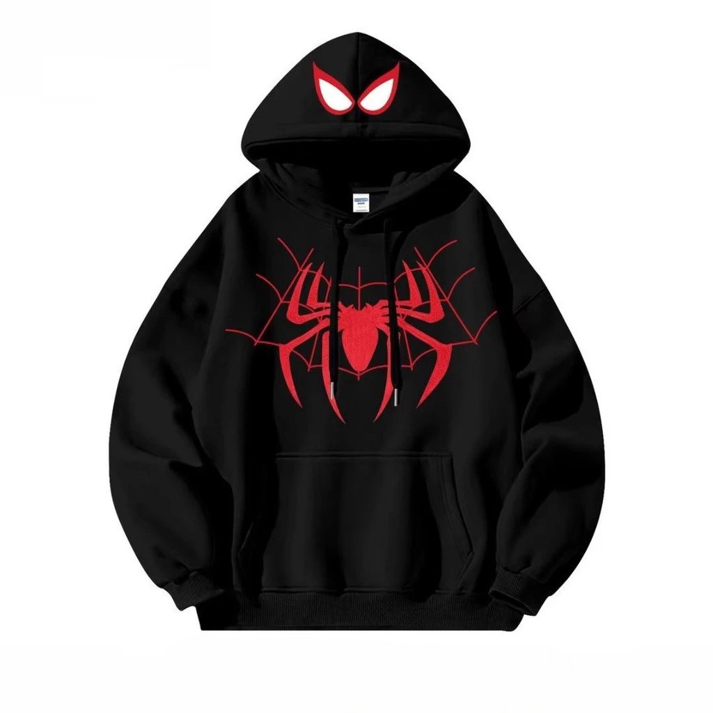 Blusa de Moletom Preta Spider Aranha Vermelha Capuz Estilo Geek Urbano