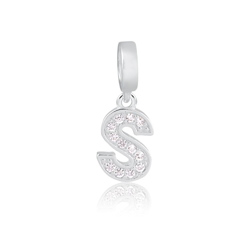 Pingente Letra S Prata Legítima 925 Cravejado Zircônias Brancas Amuleto para Pulseira