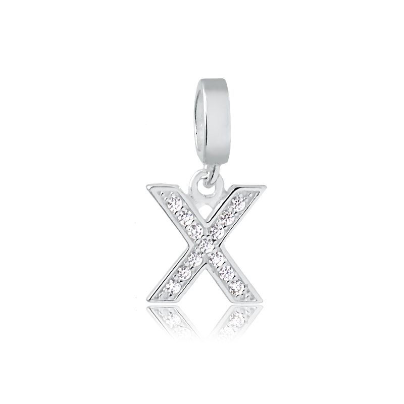 Pingente de Prata 925 Legítima Letra X Cravejado com Zircônias Brancas para Todas as Pulseiras
