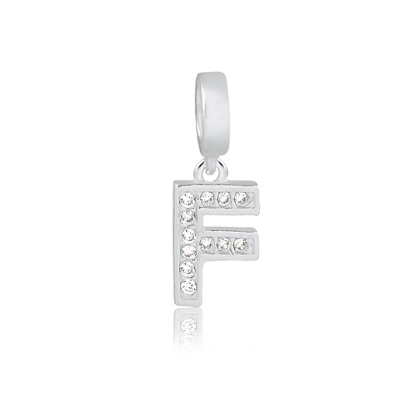 Pingente Letra F Prata Legítima 925 Cravejado com Zircônias Brancas Compatível com Pulseiras