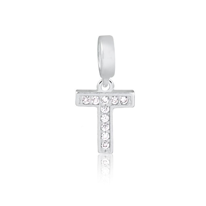 Pingente Letra T Prata Legítima 925 Cravejado Zircônias Brancas Compatível Com Todas As Pulseira