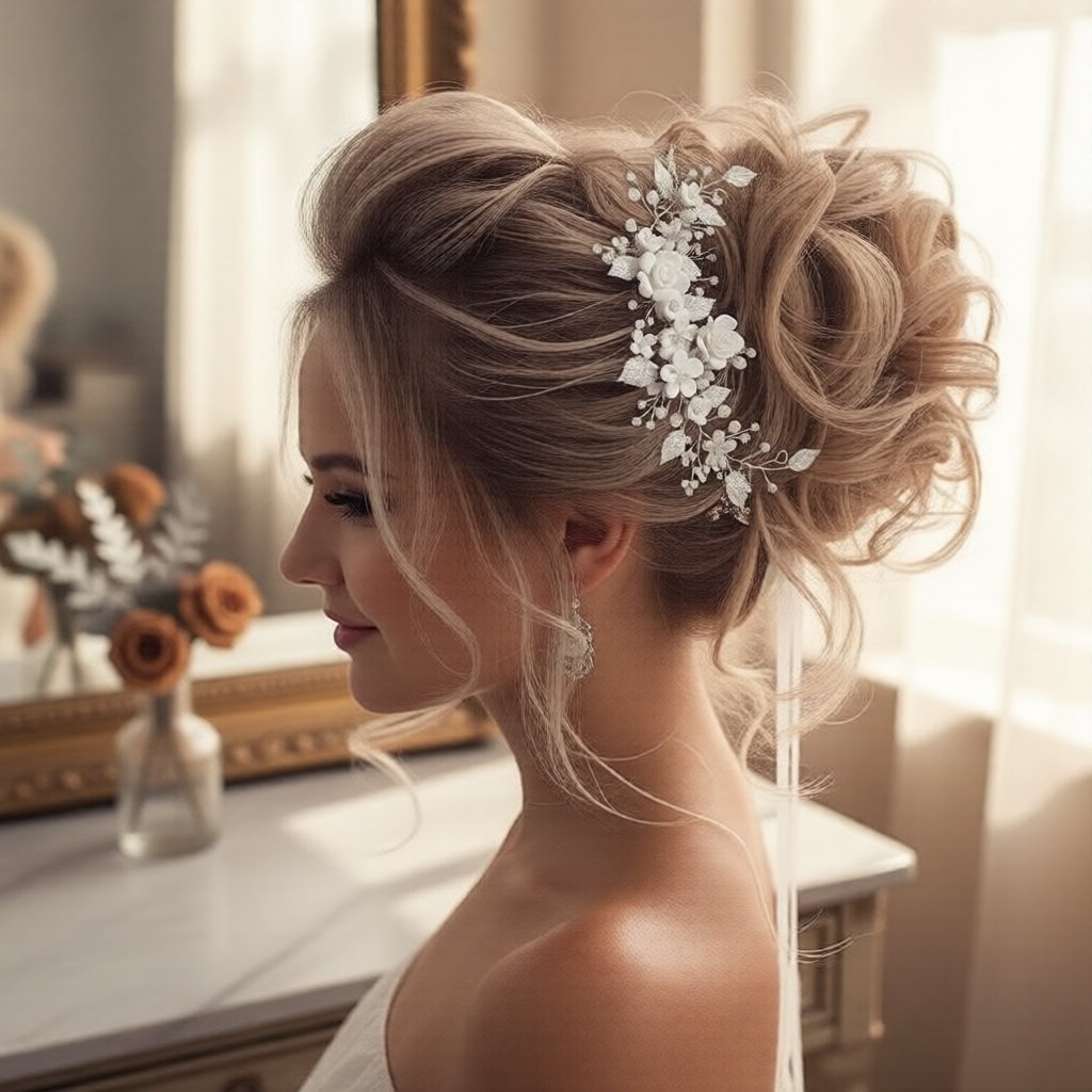 Véu de Prata e Cerâmica Branca com Flores para Cabelo – Delicado e Feito à Mão, Ideal para Noivas e Debutantes